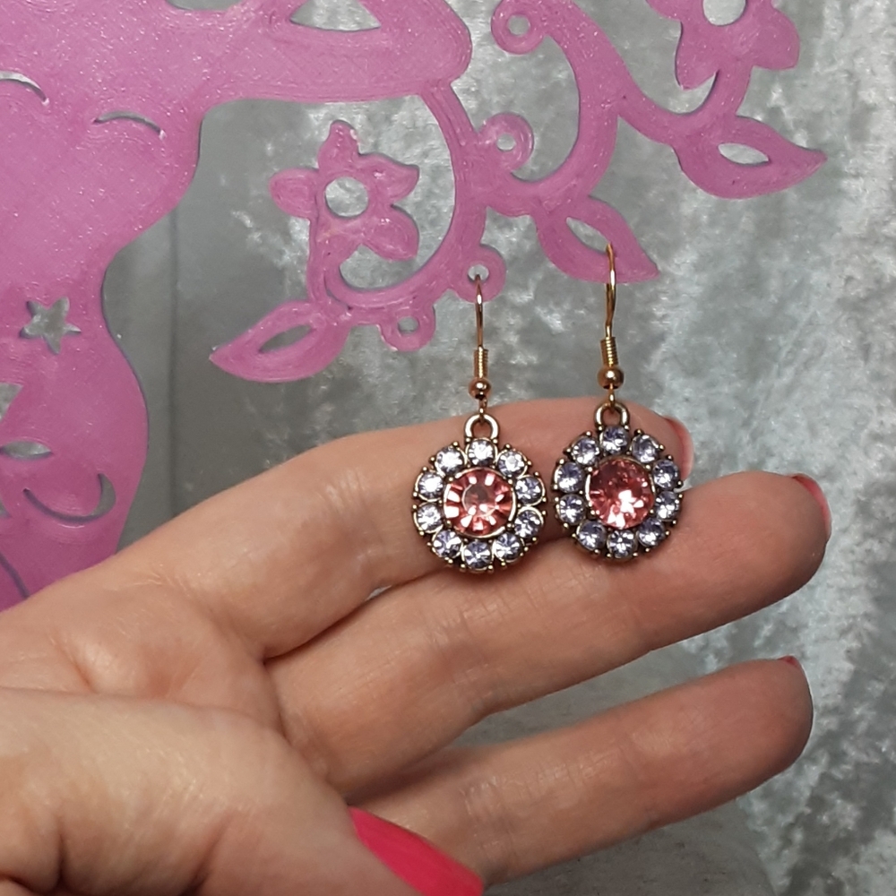 Handmade Rhinestone Earrings Lavander And Pink